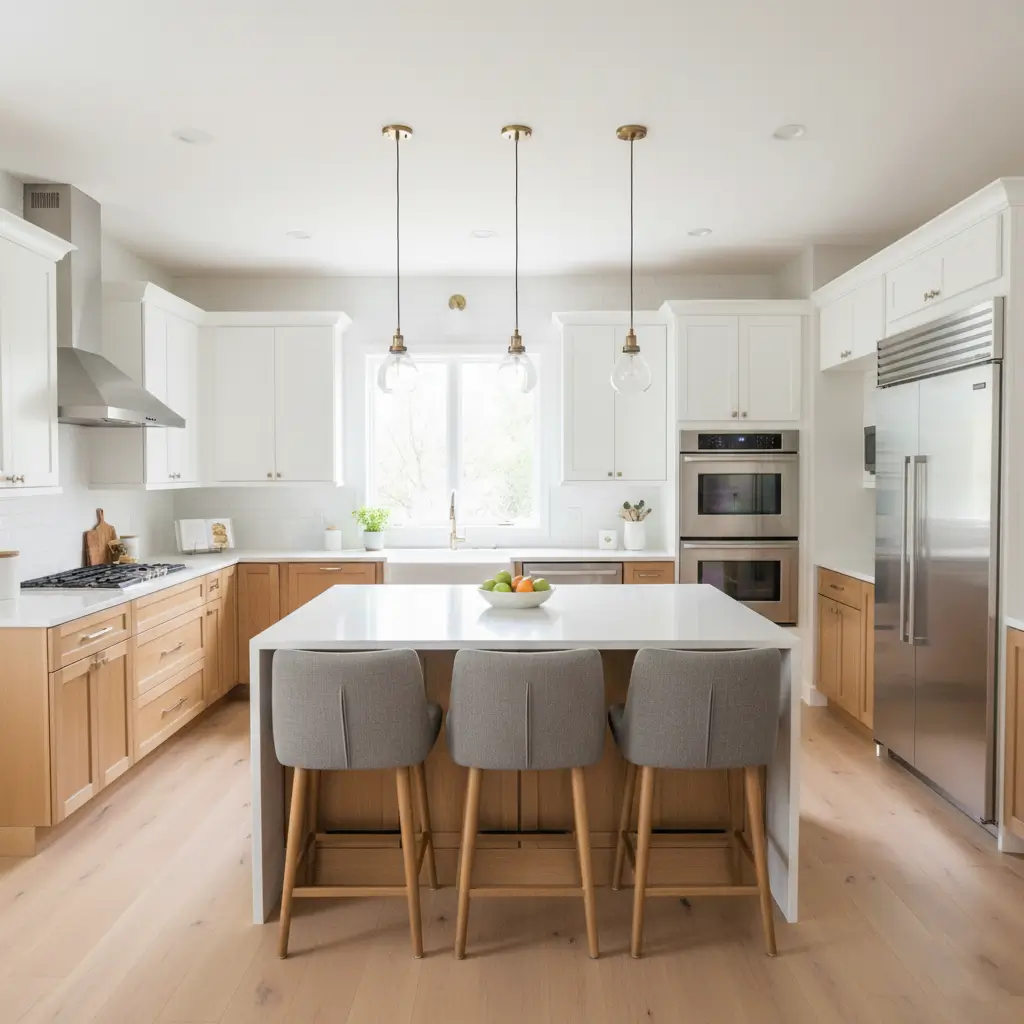 Gorgeous Redwood City kitchen remodel with white quartz waterfall island, gray stools, brass pendants & two-tone cabinets.