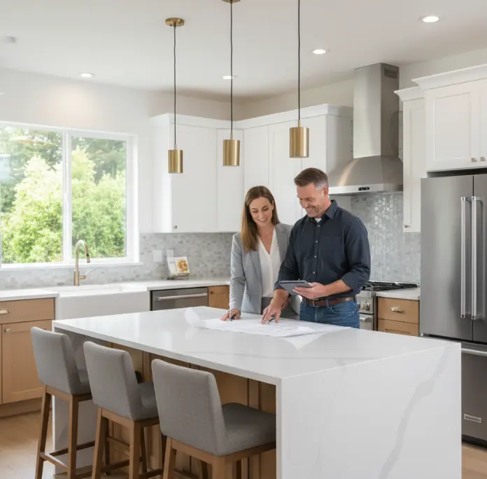 Two people reviewing kitchen design plans on a large modern, bright kitchen.